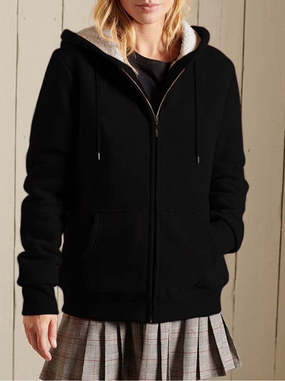 Yeokou Women's Black Sherpa-Lined Zip Hoodie Jacket. XL. Unisex